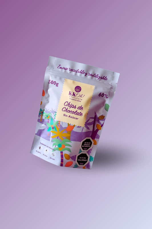 Empaque de chips de chocolate 60% veganos sin azúcar