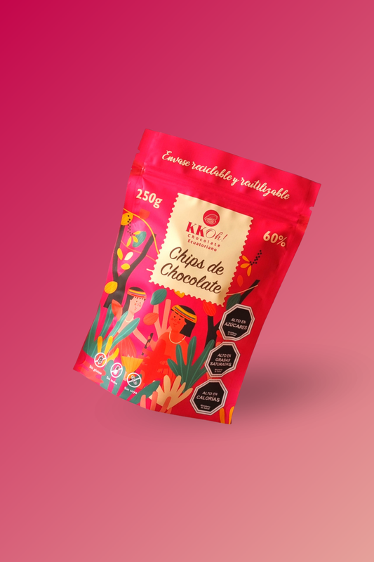 Empaque de chips de chocolate 60% cacao vegano