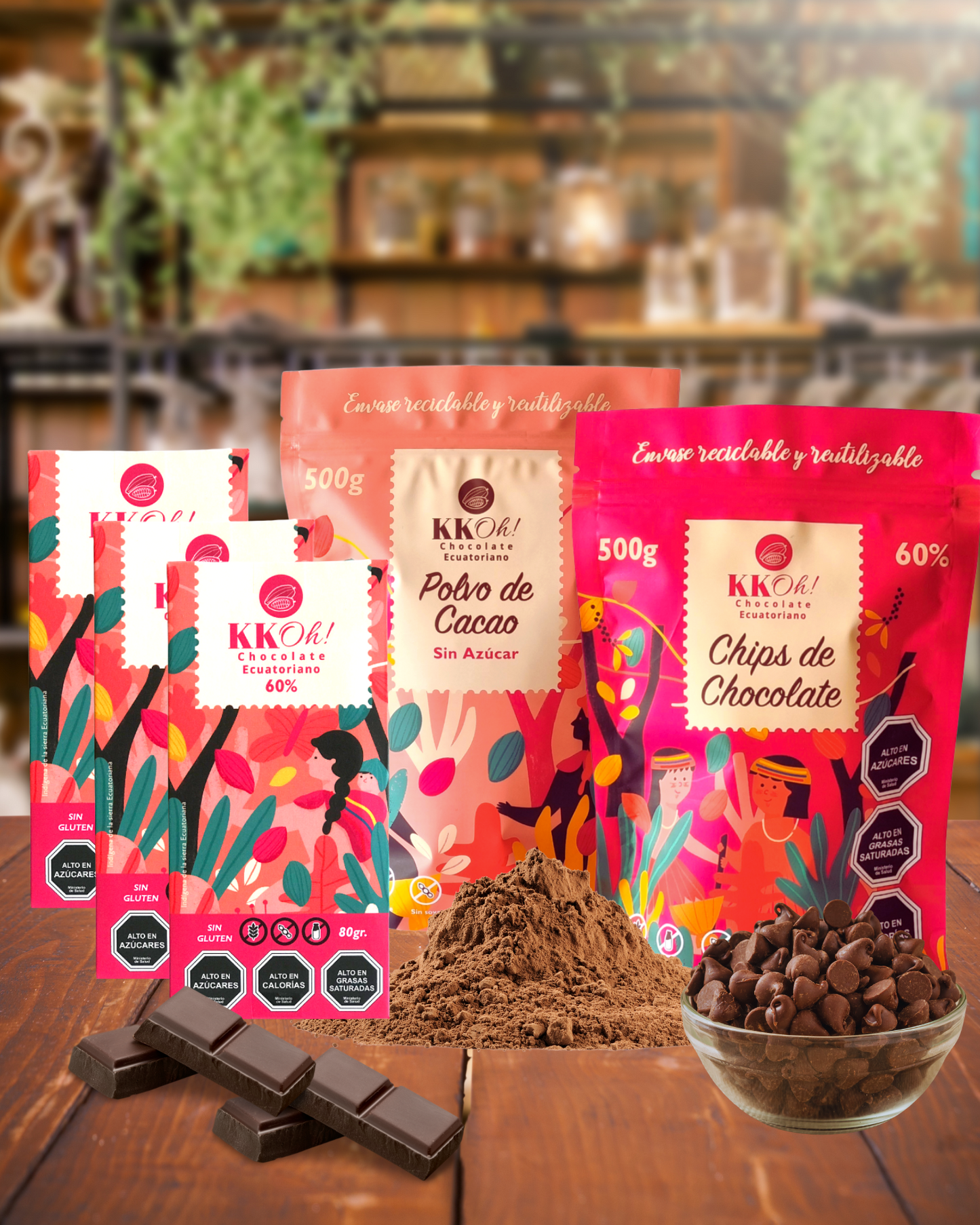 SUPER PACK DE CHOCOLATE: CACAO EN POLVO + CHIPS DE CHOCOLATE + 3 BARRAS