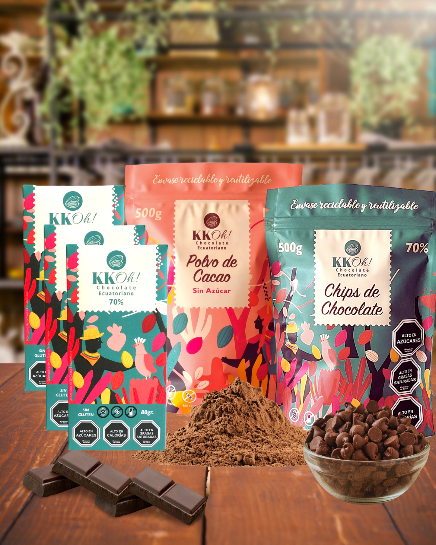 SUPER PACK DE CHOCOLATE: CACAO EN POLVO + CHIPS DE CHOCOLATE + 3 BARRAS