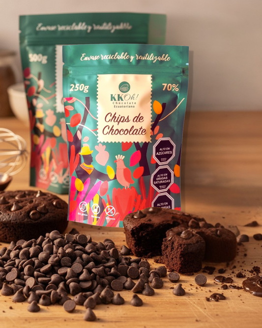 Empaque de chips de chocolate 70% cacao ecuatoriano Kakao Chocolates