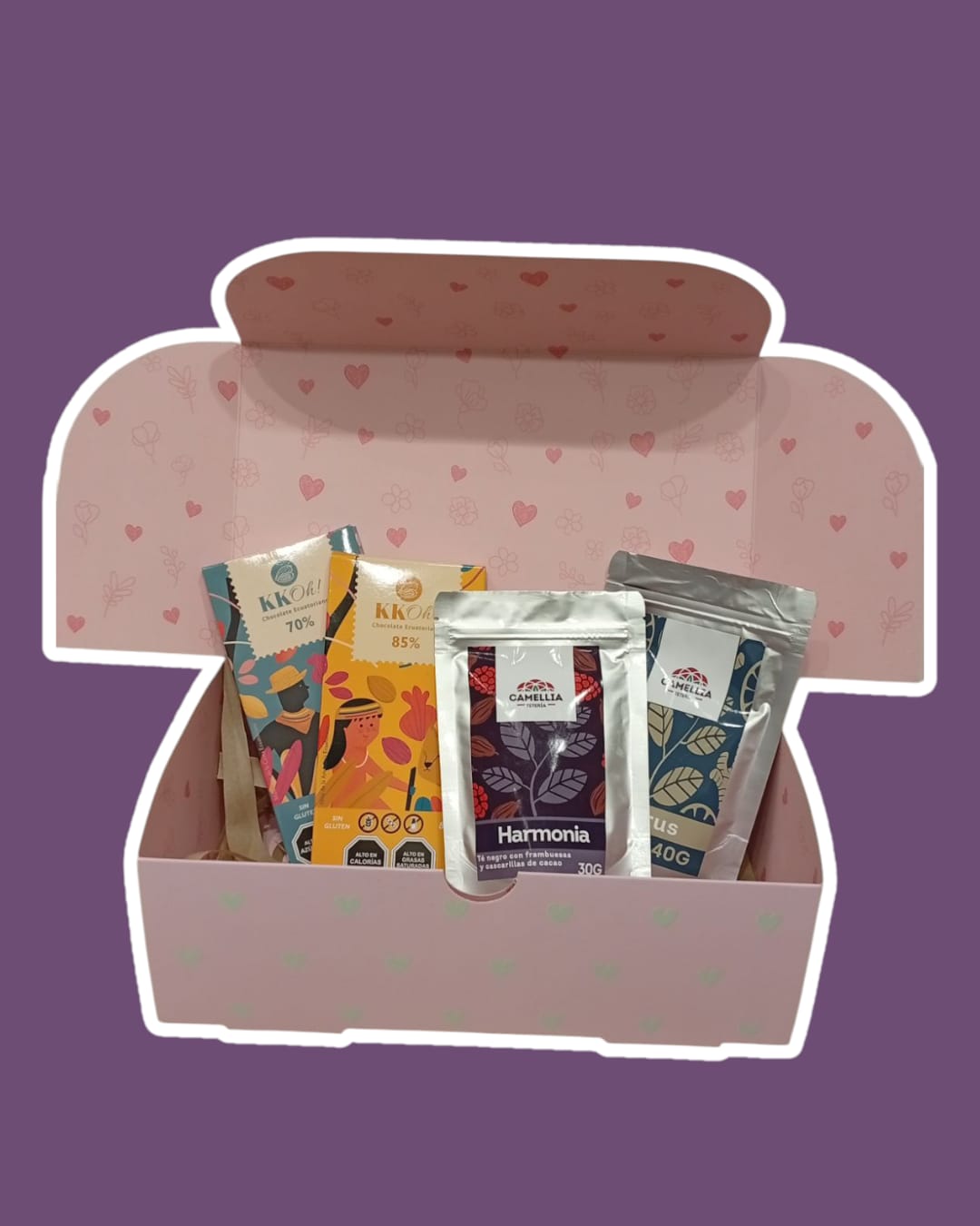 Caja con: 3 barras de chocolate 70% y 85% + 2 Tés Harmonía y Citrus