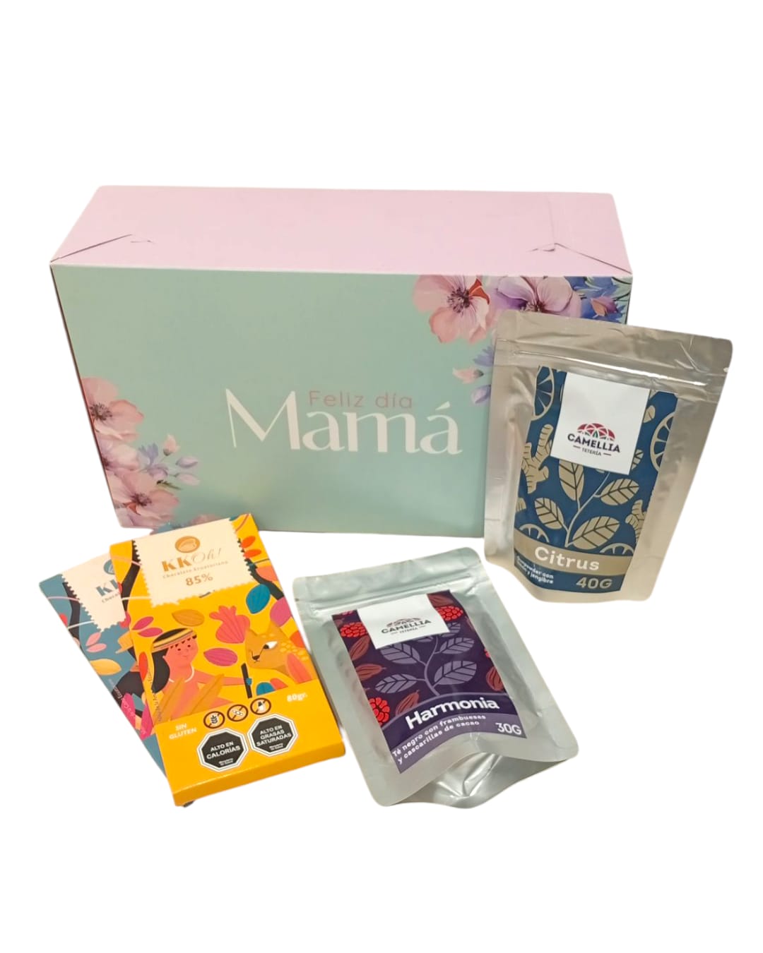 Caja con: 3 barras de chocolate 70% y 85% + 2 Tés Harmonía y Citrus