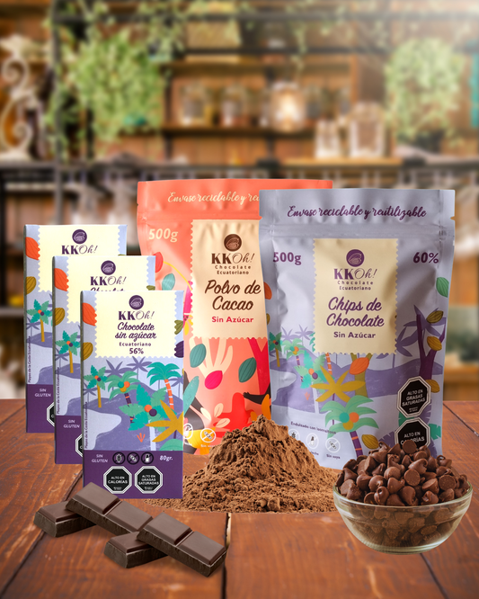 SUPER PACK DE CHOCOLATE: CACAO EN POLVO + CHIPS DE CHOCOLATE + 3 BARRAS